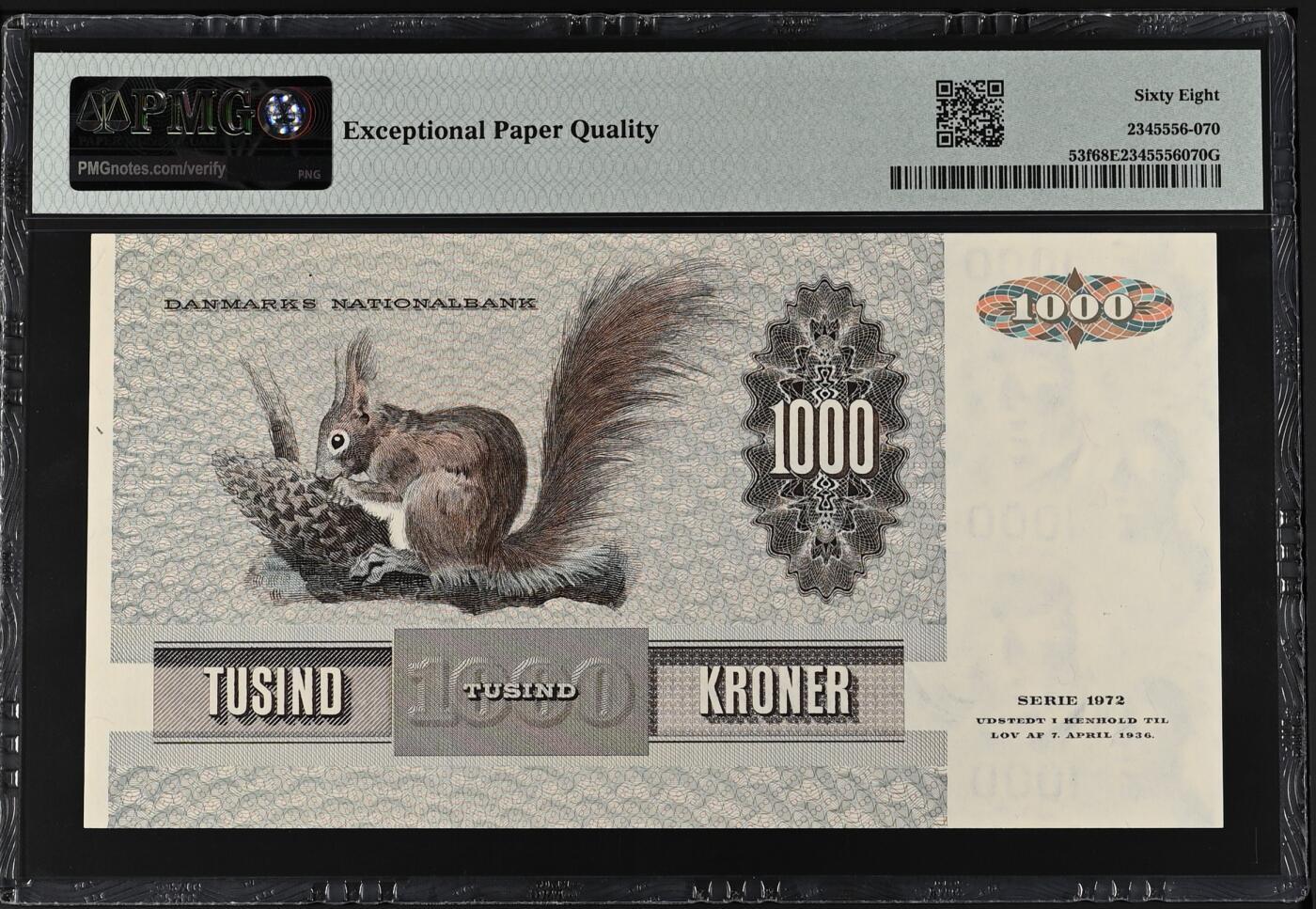 《愛美收藏》第239期-4.5周日外币黄金场  丹麦1986年1000克朗最高值PMG68E亚军分 冠军69分仅1张 名誉品大松鼠 顶级雕刻 栩栩如生 Pick#53f