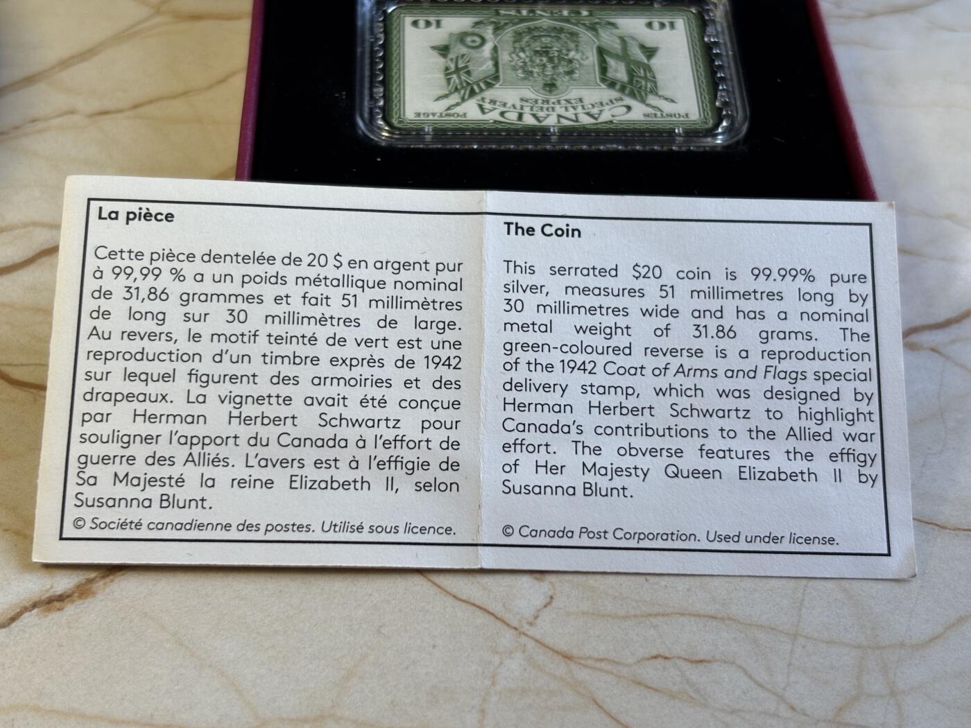 第196期拍卖 加拿大2019年历史邮票系列徽章和国旗1盎司彩银币，9999银，发行5000枚