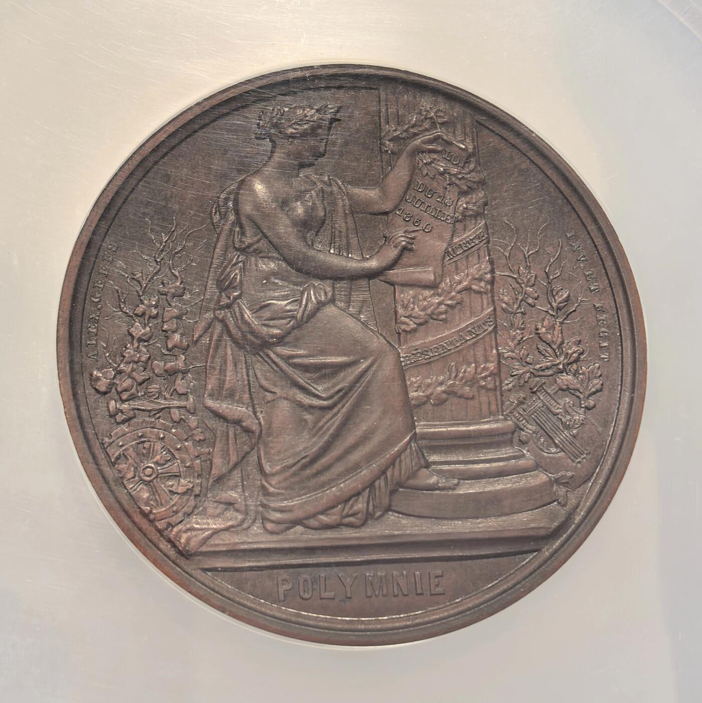 博洋堂世界钱币拍卖第167期（全场包邮） NGC MS61 比利时1860年财政部长奥班就职纪念大铜章，背面比利时女神的加护丰满莞尔！