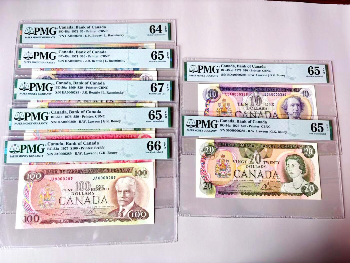【Blue Auction】世界纸币精拍第803期——18级TOP拍卖/信誉/品质/专业/高效💫 【一组7张 首发冠289全同小号无47 非常难得】加拿大 1969-79年5-100元 PMG67EPQ-64EPQ 设计精美 值得收藏 （单张首发冠小号都不便宜 凑套更不易）