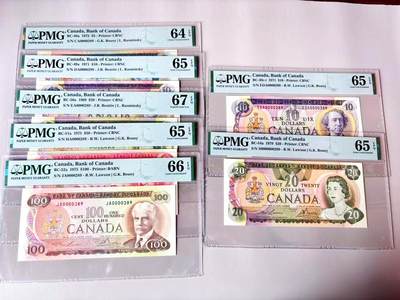 【Blue Auction】世界纸币精拍第803期——18级TOP拍卖/信誉/品质/专业/高效💫 - 【一组7张 首发冠289全同小号无47 非常难得】加拿大 1969-79年5-100元 PMG67EPQ-64EPQ 设计精美 值得收藏 （单张首发冠小号都不便宜 凑套更不易）