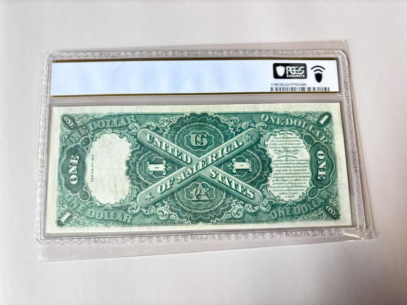 【Blue Auction】世界纸币精拍第803期——18级TOP拍卖/信誉/品质/专业/高效💫 【末签较少见】美国 1917年1美金 大票幅 双面雕刻精美绿钞 征服者登陆 华盛顿头像 PCGS63EPQ全新原票