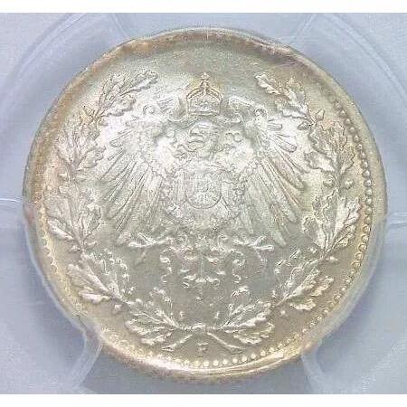 【银】稀年 PCGS MS65 一战德国1917年F版1/2马克银币 开卷原光