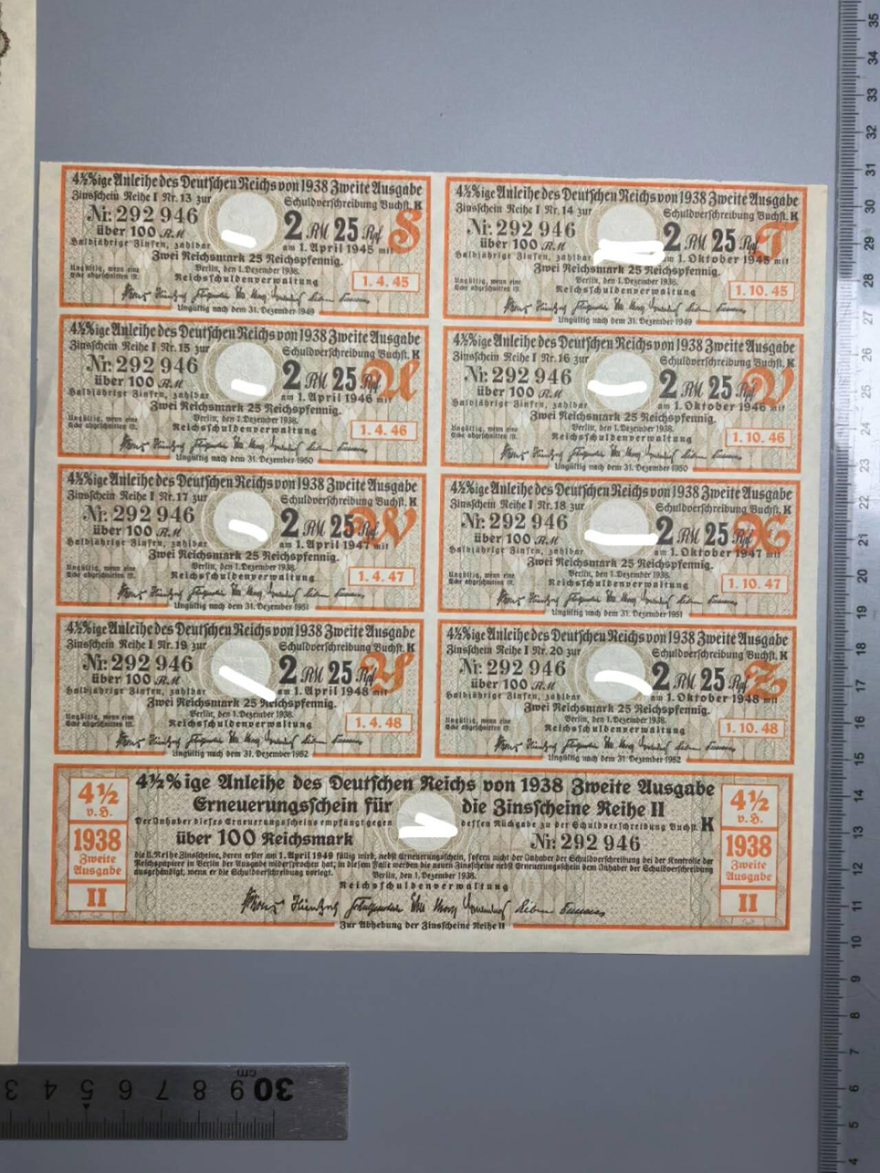 小驴勋章奖章收藏4月4日周六晚六点拍卖（珍爱和平，收藏战争，铭记历史，勿忘国耻，忠党爱国。有偿代拍，送拍规则在简介最后，参拍须阅读规则后再参拍，关系到运费包装发货时效真假辨别等关键信息，拍卖时不再发原图，看大图店主微信码在拍卖店铺介绍里） 1938年100马克国债债券