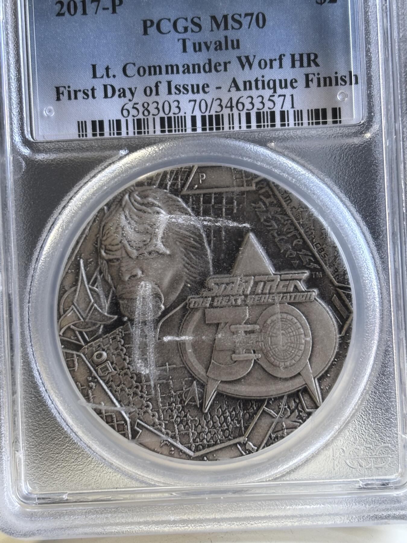 第196期拍卖 图瓦卢2017年星际迷航指挥官2盎司银币PCGS-MS70，999银，发行1701枚