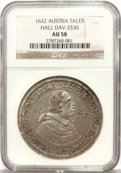 博洋堂世界钱币拍卖第167期（全场包邮） - NGC AU58 神圣罗马帝国哈尔1622年利奥波德五世1泰勒大银币 状态佳