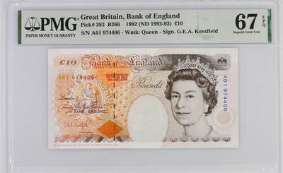 《愛美收藏》第239期-4.5周日外币黄金场  - 英国E序列初版1992年少见A01冠10镑PMG67E亚军分 冠军68分仅1张 Pick#383