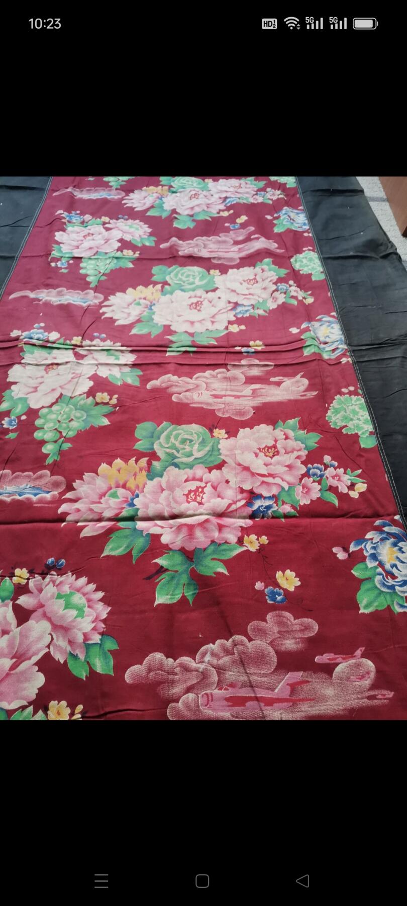 文革时期老粗布1块。飞机，轮船和花卉图案。60㎝×189㎝。如图包老