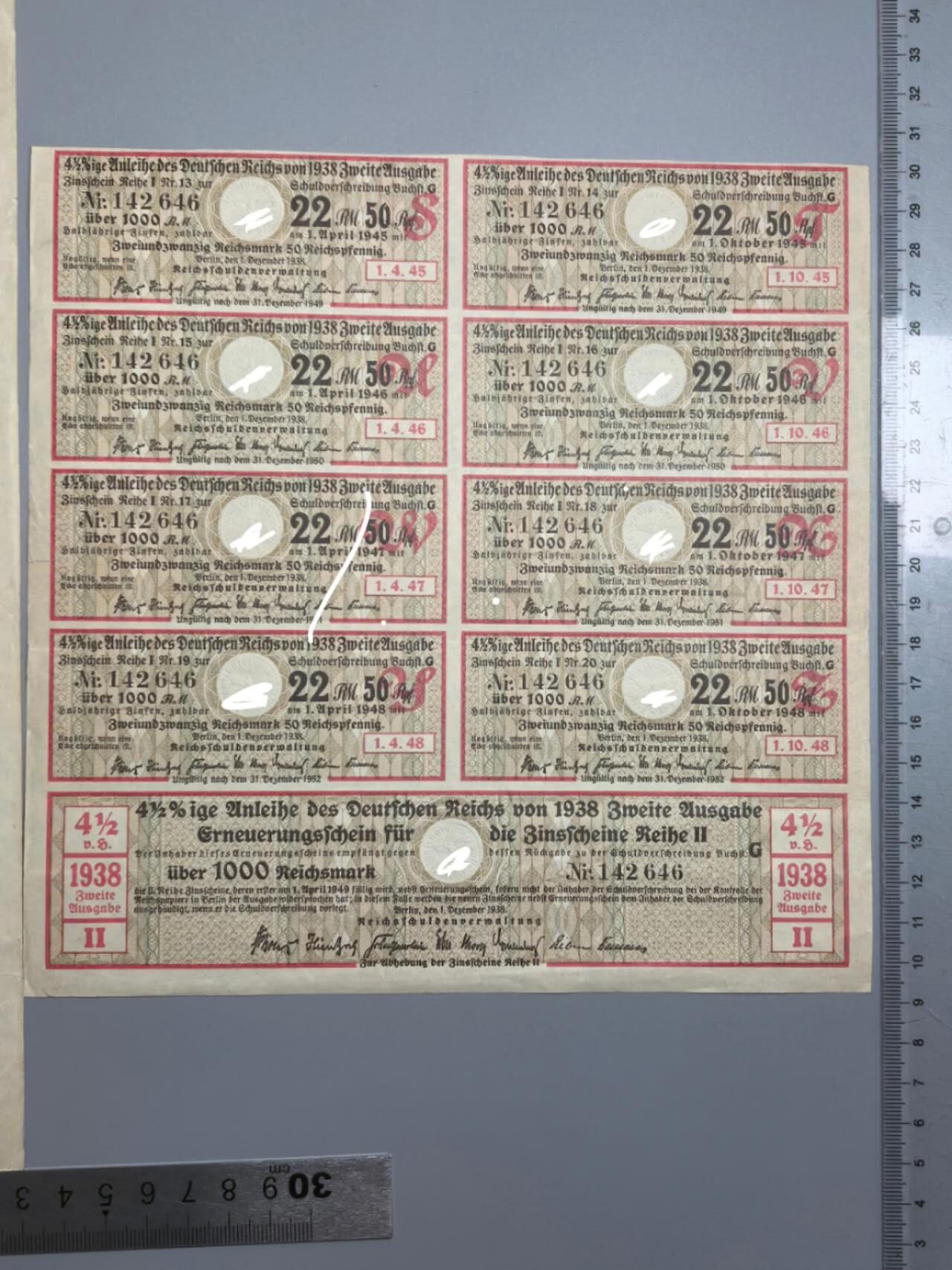 小驴勋章奖章收藏4月4日周六晚六点拍卖（珍爱和平，收藏战争，铭记历史，勿忘国耻，忠党爱国。有偿代拍，送拍规则在简介最后，参拍须阅读规则后再参拍，关系到运费包装发货时效真假辨别等关键信息，拍卖时不再发原图，看大图店主微信码在拍卖店铺介绍里） 1938年1000马克国债债券