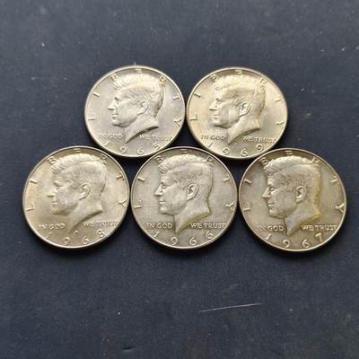 【全场包邮】纯粹捡漏拍517场 - 美国1965-1969年肯尼迪半元银币连续年份5枚一组【30.6毫米11.5克40%，5枚含纯银23克】