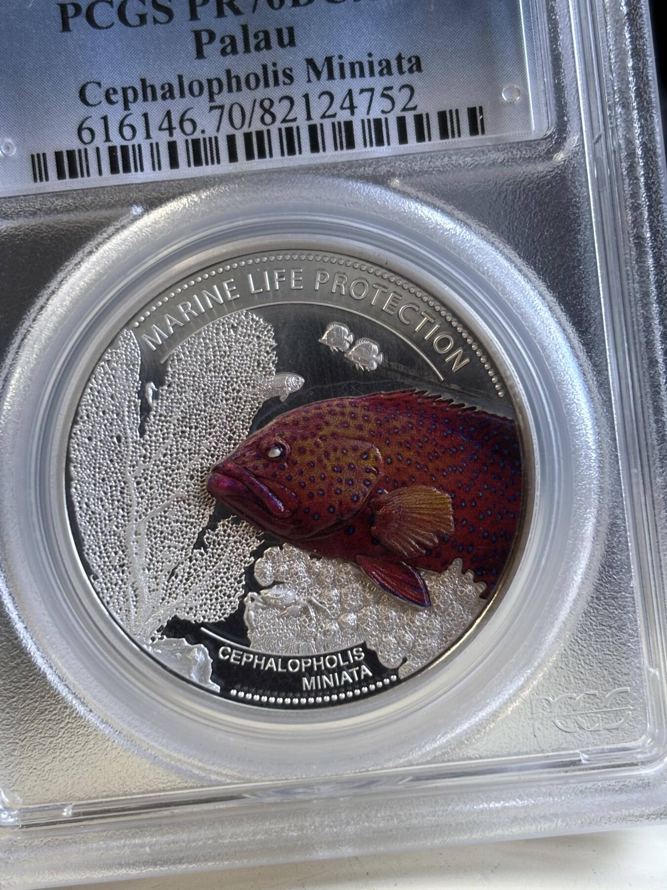 第196期拍卖 帕劳2016年珊瑚海湾鱼类彩色纪念银币PCGS-PR70无盒无证书,999银，25克