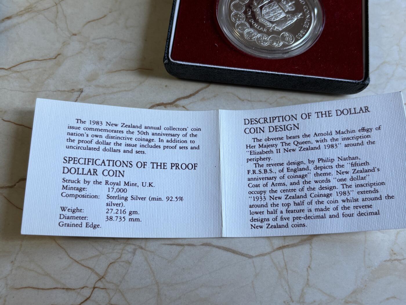 第195期拍卖 新西兰1983年铸币50周年，特别纪念精致大银币带盒证书，27.216克，925银