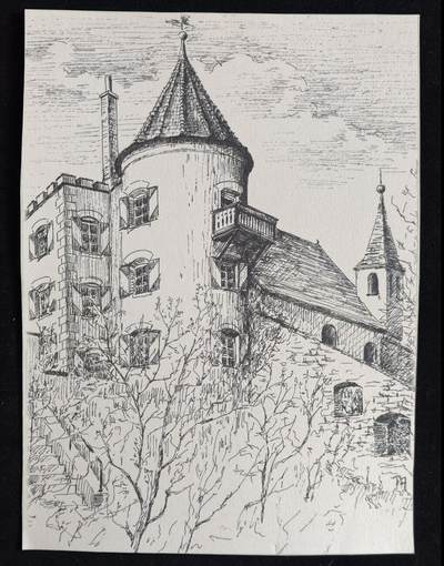 凯旋世界勋赏（第23期）（欢迎送拍）（对拍品有疑问请询问客服，不接受到手刀，出价默认拍品品相。请认真阅读拍卖规则！出价默认已认可！）（收到货请录制开箱视频，无视频概不处理问题。） - 奥匈帝国 亚历山大·鲍尔 的画作 描绘了一座带有圆柱形塔楼和锥形屋顶的典型中欧城堡建筑