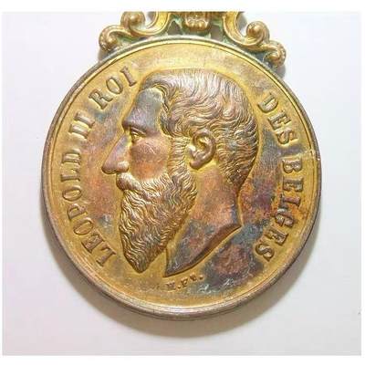 比利时1893年 利奥波德二世高浮雕精制带皇冠大镀金章 50MM - 比利时1893年 利奥波德二世高浮雕精制带皇冠大镀金章 50MM