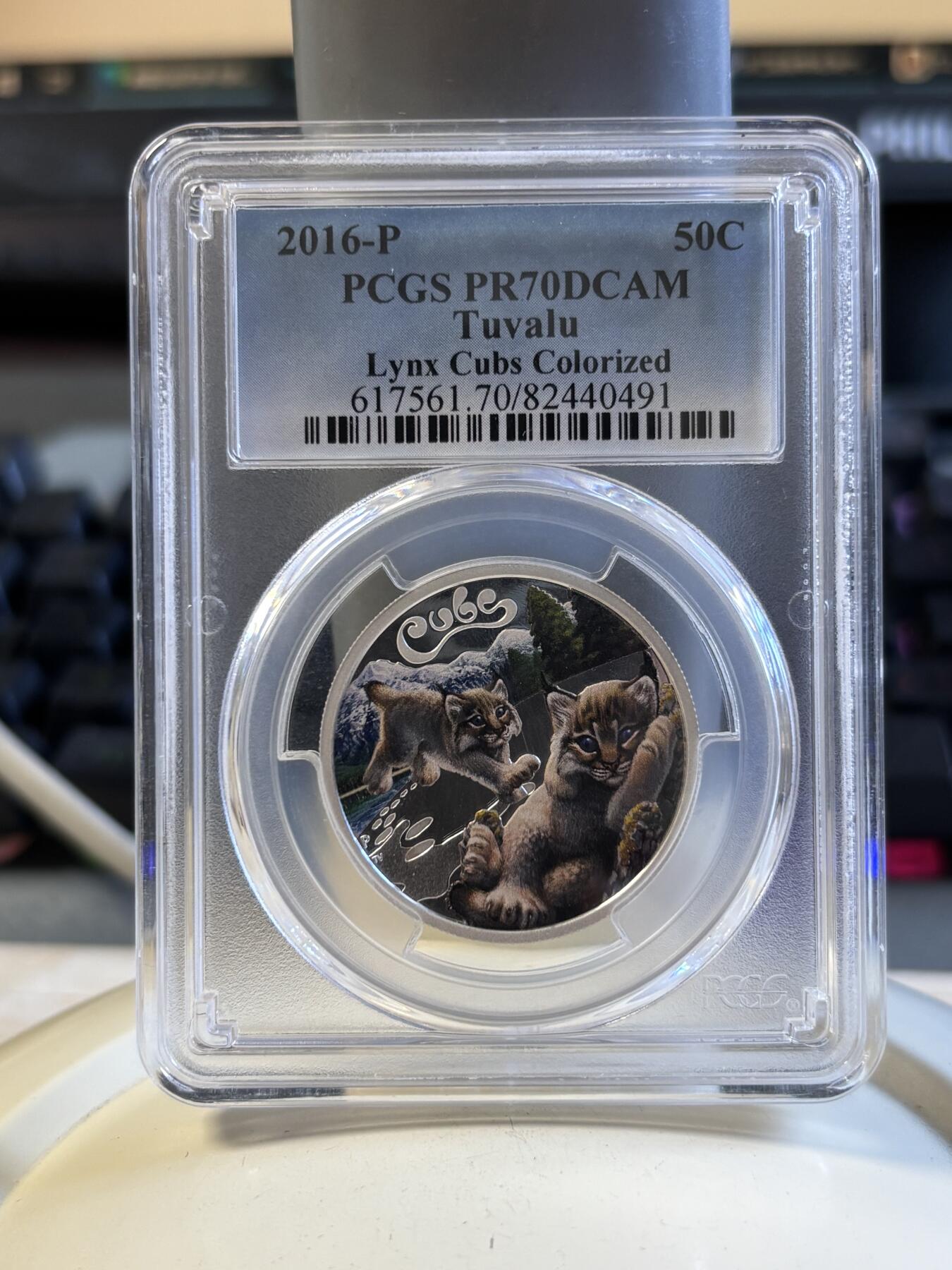 第196期拍卖 图瓦卢2016年幼崽系列猞猁宝宝半盎司彩色纪念银币PCGS-PR70,999银，发行5000枚