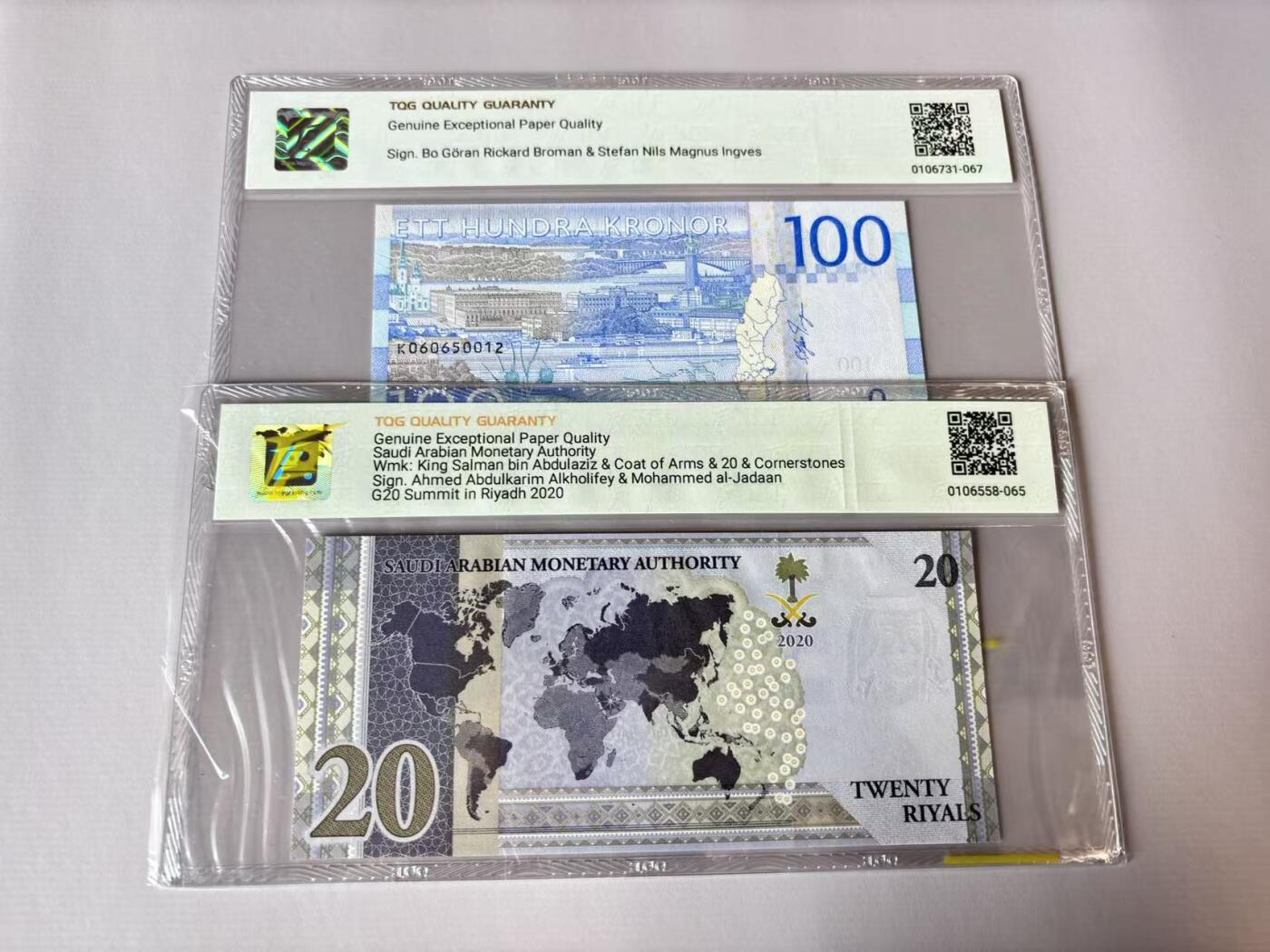 【Blue Auction】世界纸币精拍第803期——18级TOP拍卖/信誉/品质/专业/高效💫 【一组2张 含无47】瑞典 2022年100克朗&沙特 2020年20里亚尔 TQG68EPQ-67EPQ