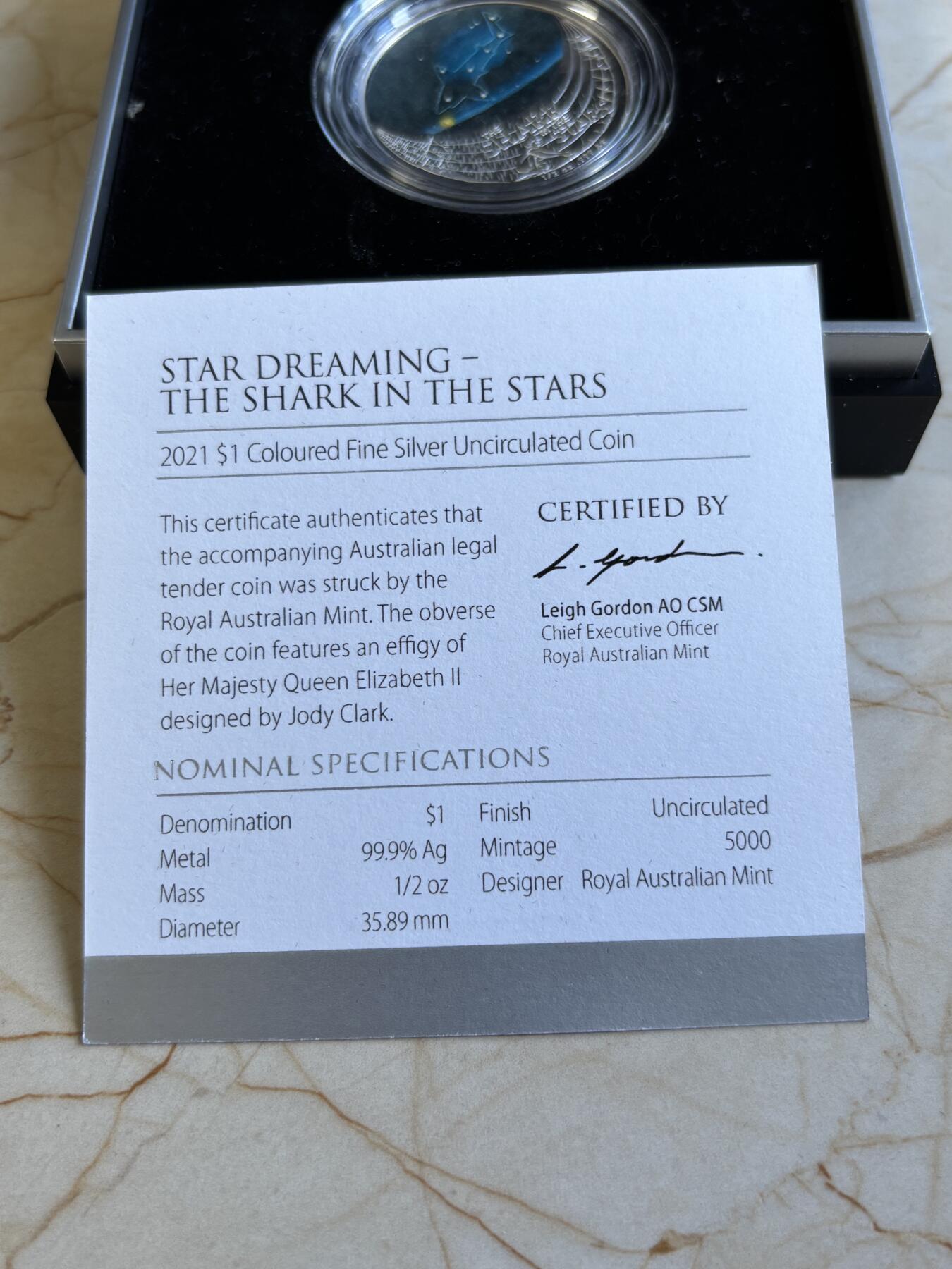 第196期拍卖 澳大利亚2021年梦幻星空鲨鱼座半盎司彩色银币，999银，发行量5000枚，有白斑