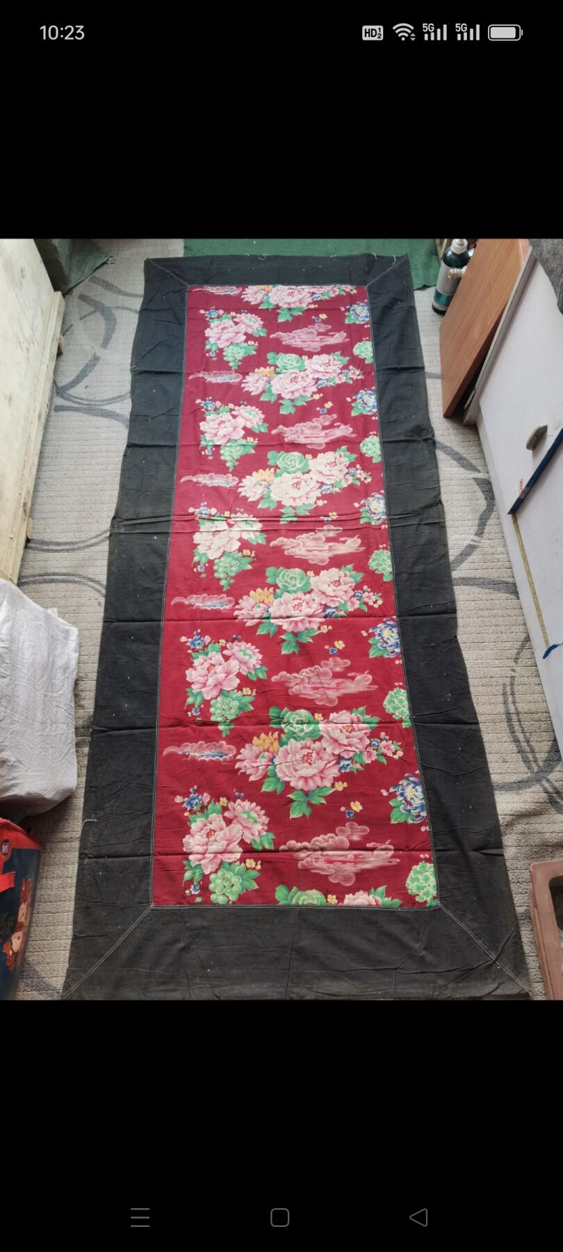 文革时期老粗布1块。飞机，轮船和花卉图案。60㎝×189㎝。如图包老