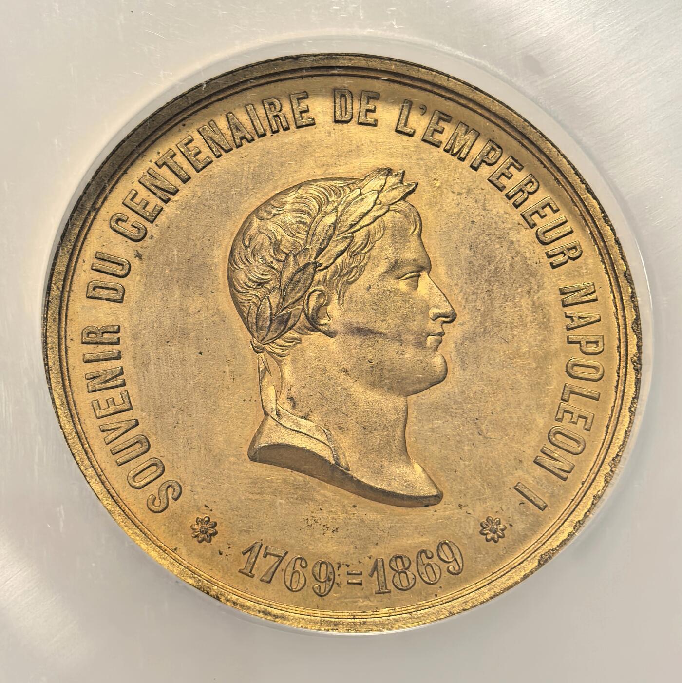 博洋堂世界钱币拍卖第167期（全场包邮） NGC MS62 法国1869年拿破仑一世百年诞辰纪念镀金大铜章，50mm