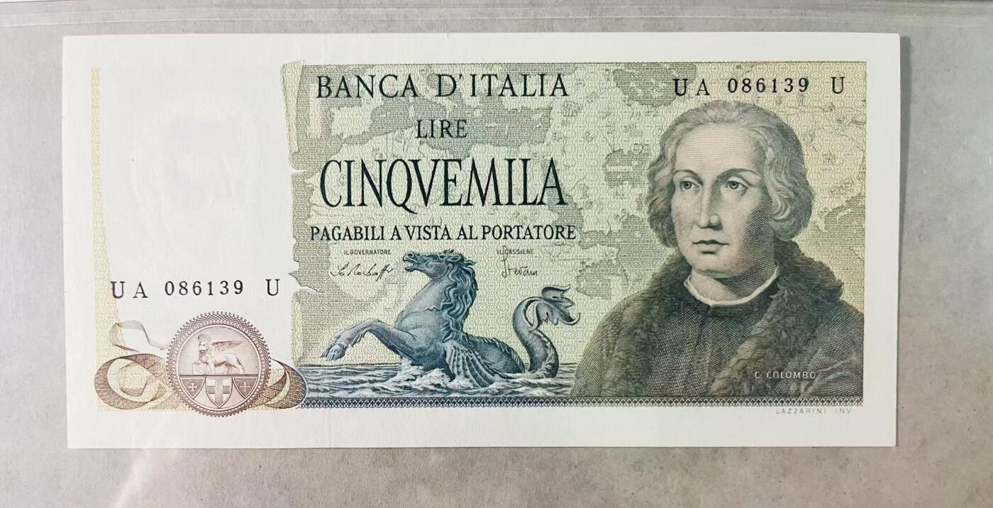 【礼羽收藏】🌏世界钱币拍卖第131期 【086139】1977年意大利50000里拉，哥伦布，无47，近全新，无针孔；