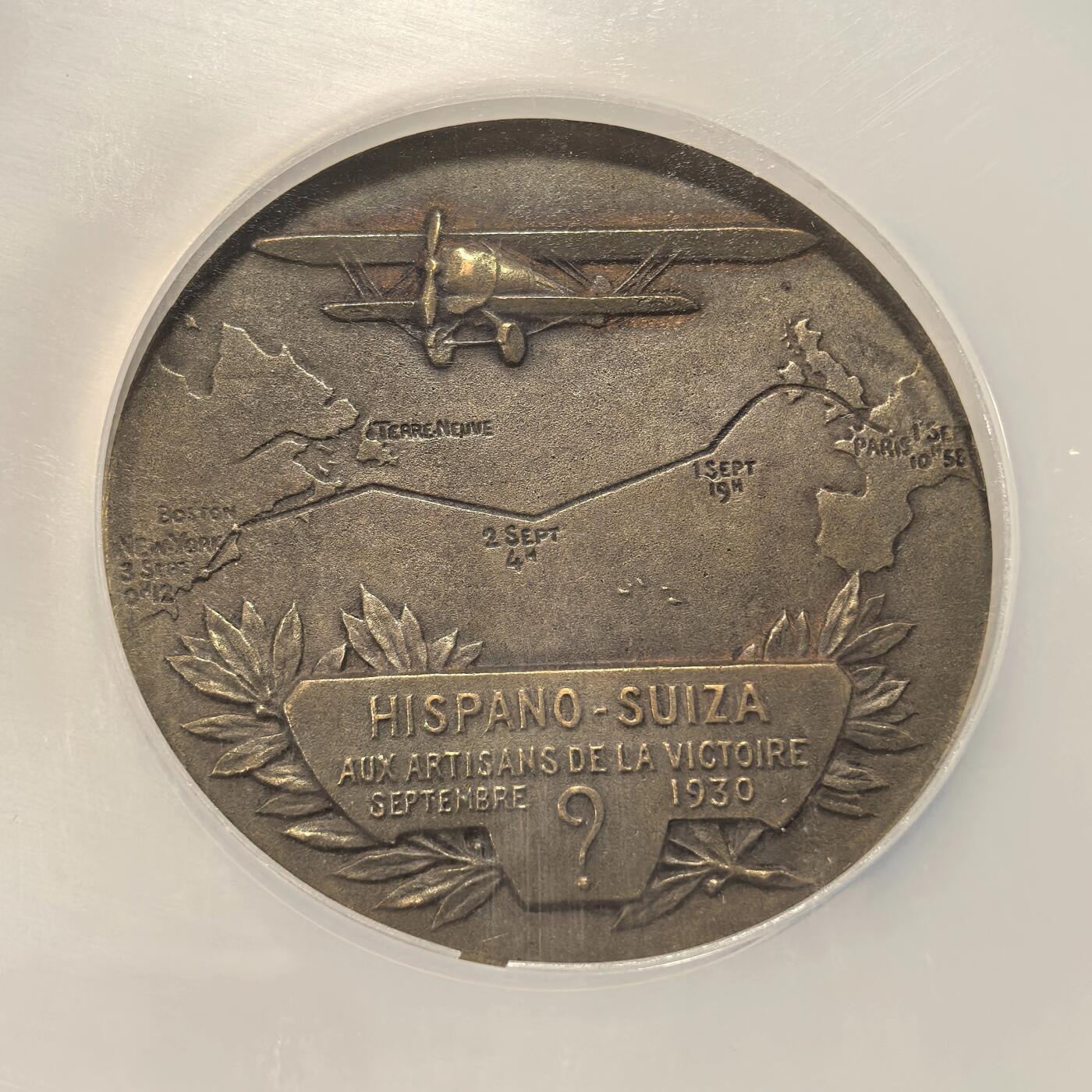 博洋堂世界钱币拍卖第167期（全场包邮） NGC MS63 法国1930年飞行器跨域北大西洋纪念铜章