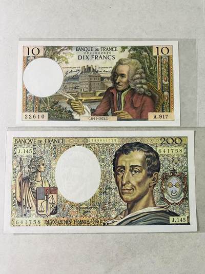 【礼羽收藏】🌏世界钱币拍卖第131期 - （一组2张）法国10法郎伏尔泰，A号冠，无针孔，极美品； 法国1992年200法郎孟德斯鸠，无针孔，AU；