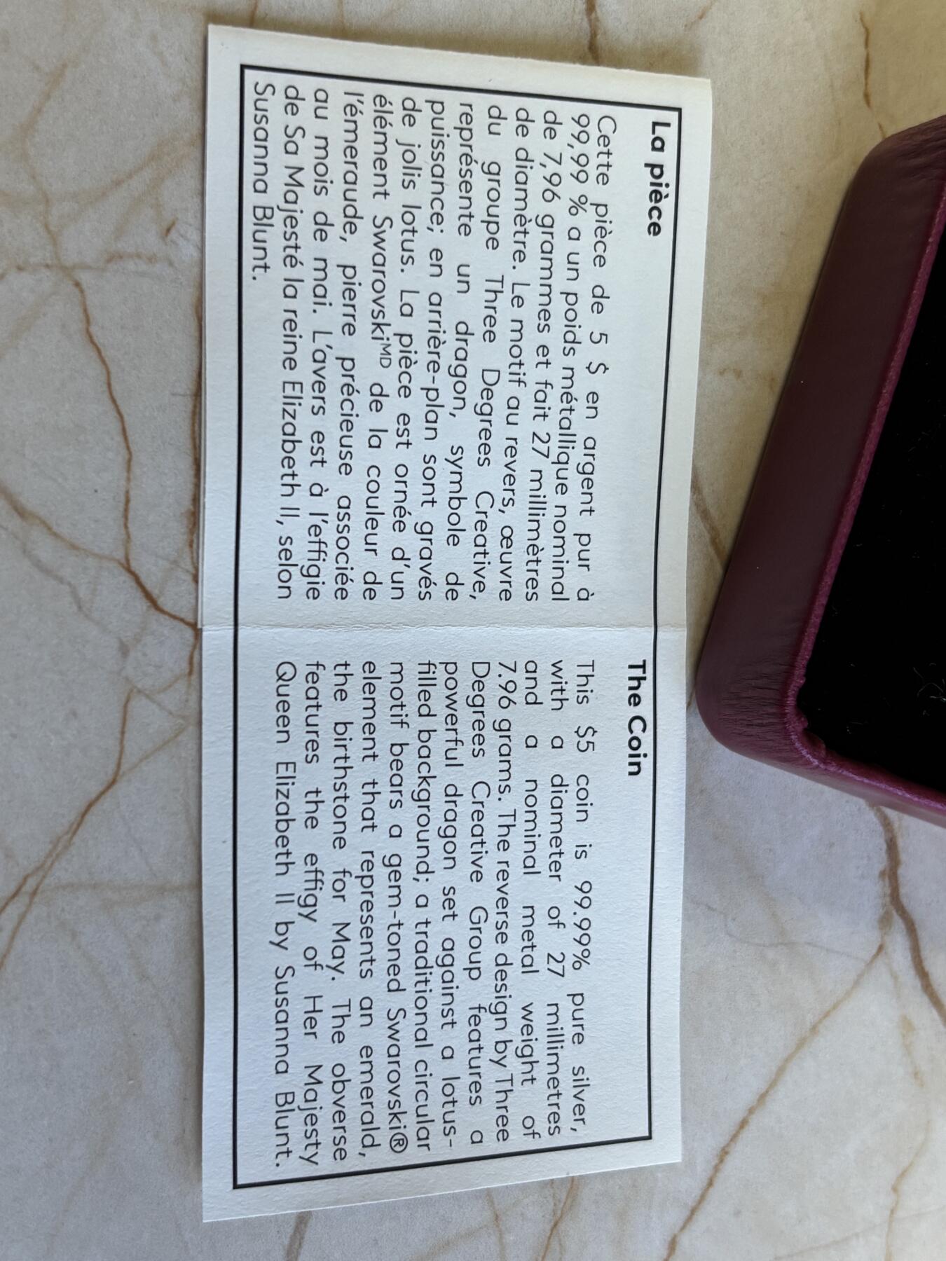 第196期拍卖 加拿大2016年诞生幸运石系列五月幸运石绿宝石纪念银币，9999银，1/4盎司，发行3000枚