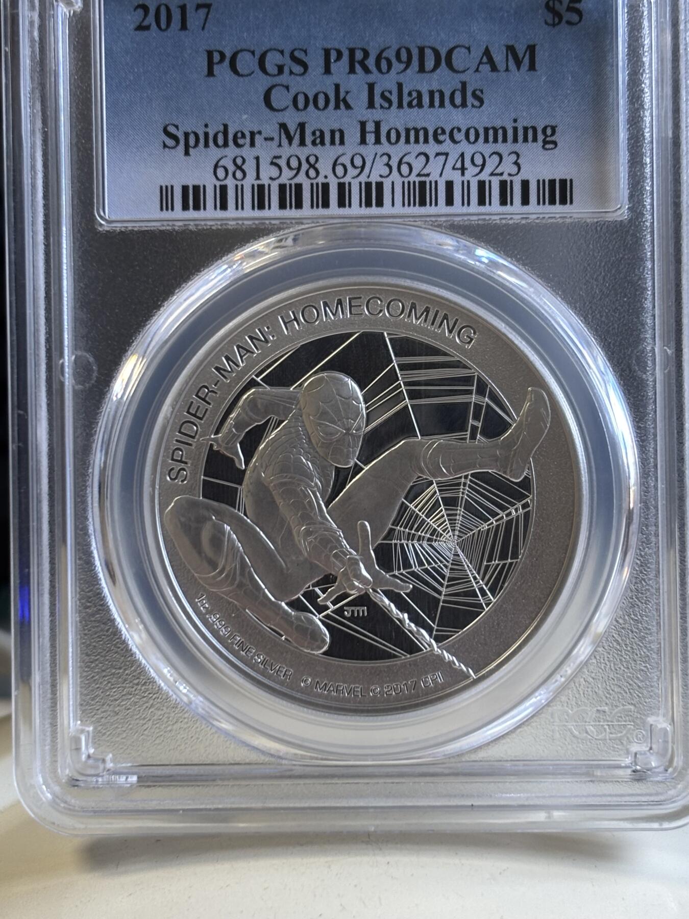 第196期拍卖 库克2017电影蜘蛛侠回归1盎司纪念银币PCGS-PR69，999银，发行5000枚