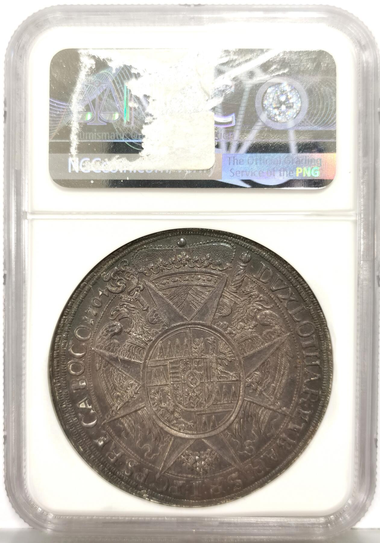 博洋堂世界钱币拍卖第167期（全场包邮） NGC MS62 奥地利1704年奥尔穆茨大泰勒银币，绝美包浆，背面图案精美绝伦，上手绝对惊艳，传世收藏级别