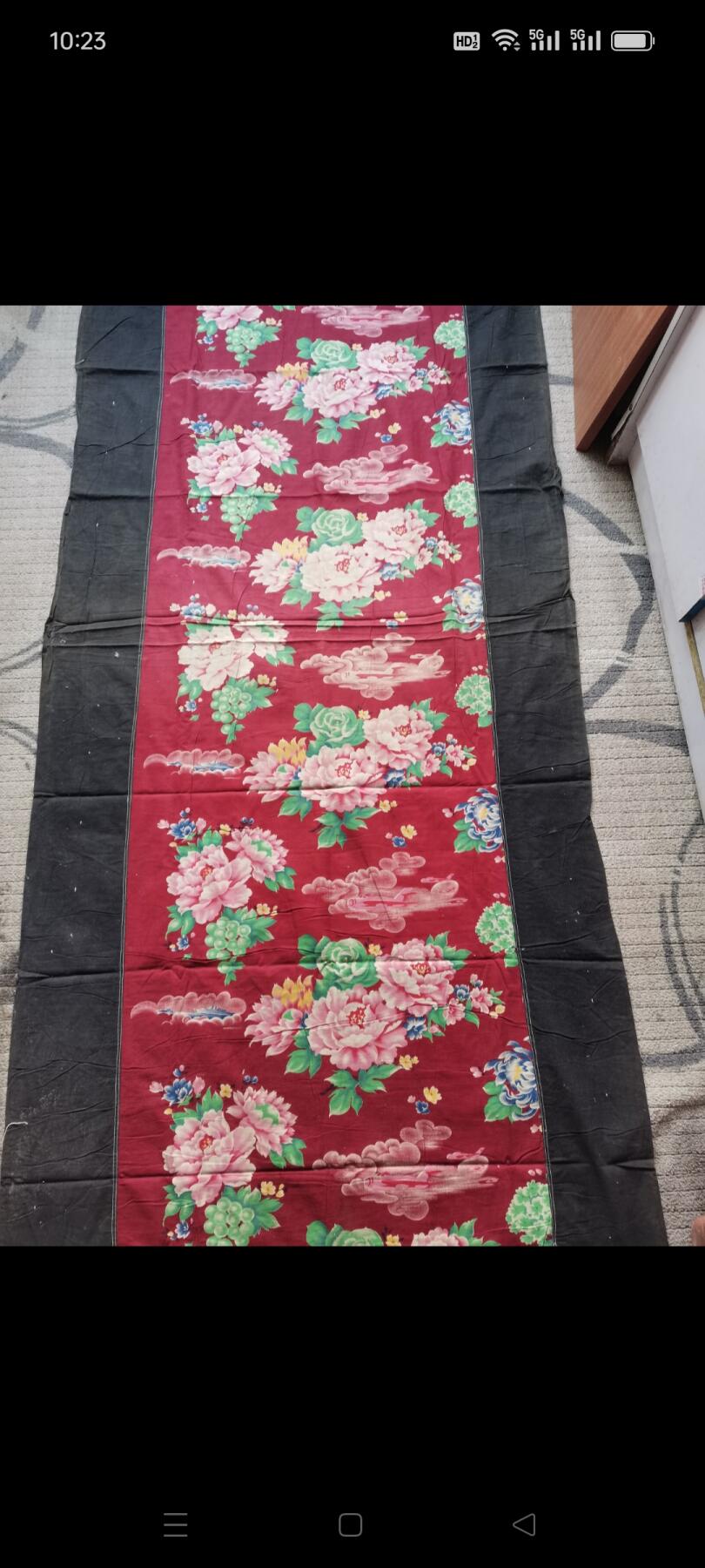 文革时期老粗布1块。飞机，轮船和花卉图案。60㎝×189㎝。如图包老