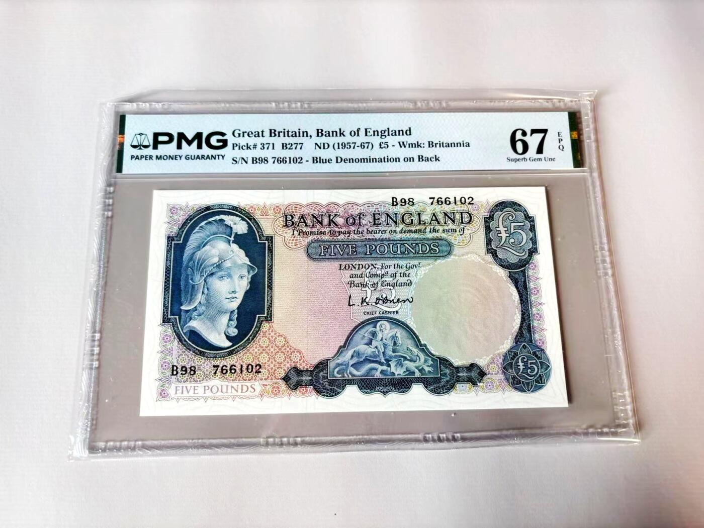 【Blue Auction】世界纸币精拍第803期——18级TOP拍卖/信誉/品质/专业/高效💫 英国 B序列 1957-67年5镑 PMG67EPQ 高分