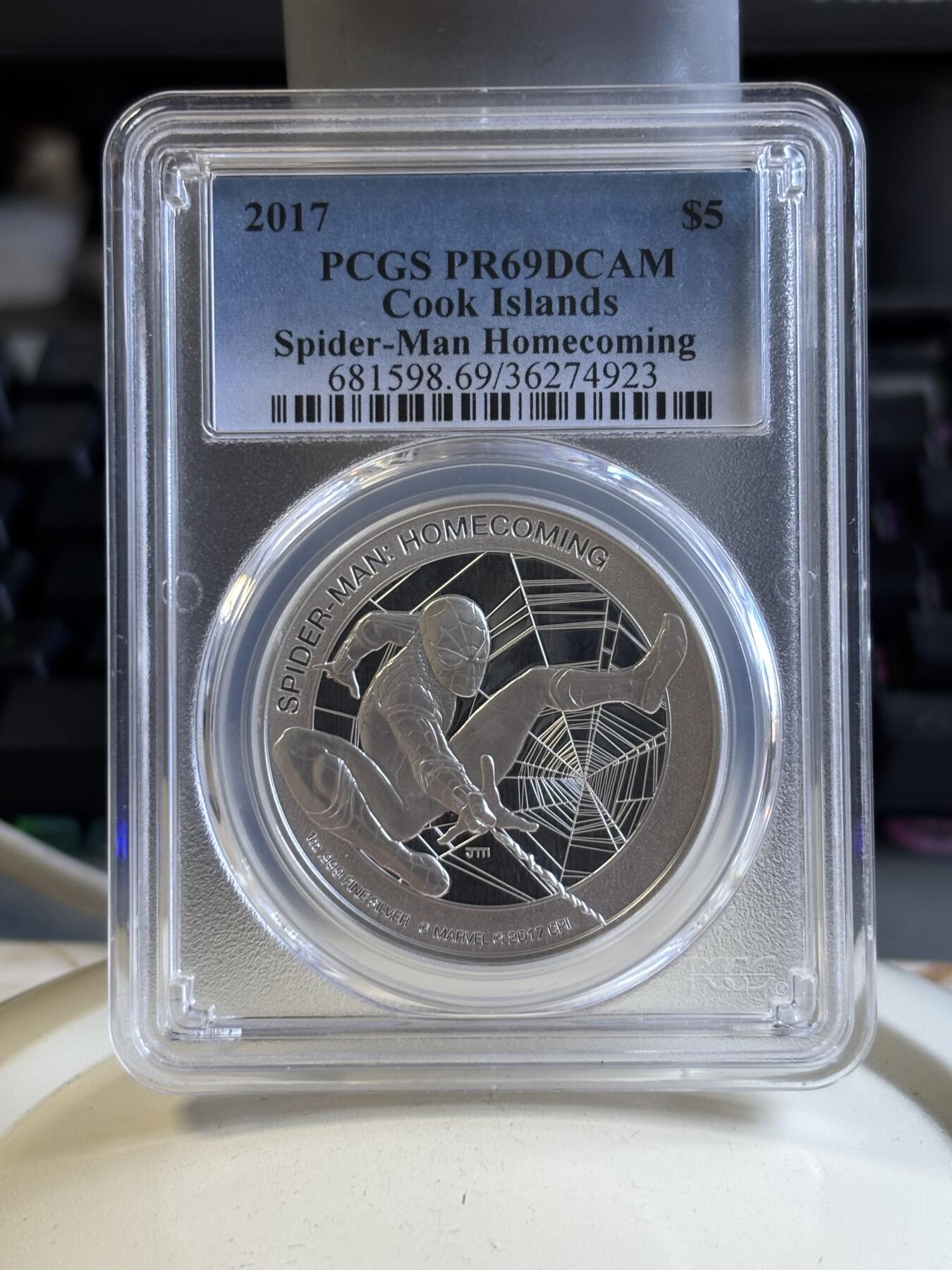 第196期拍卖 库克2017电影蜘蛛侠回归1盎司纪念银币PCGS-PR69，999银，发行5000枚