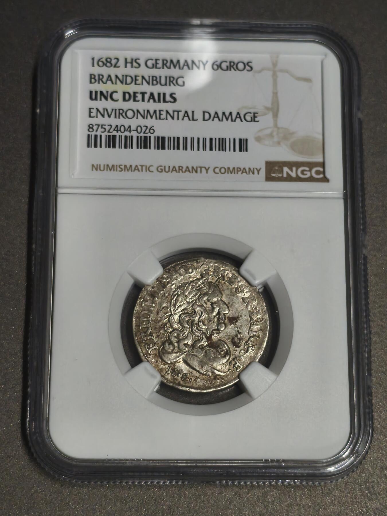 机制币银元拍场 臻品多多 NGC-UNC 勃兰登堡1682年6格罗申银币 “大选帝侯”腓特烈·威廉 普鲁士德国的前身，中世纪银币，清洗得到可博分