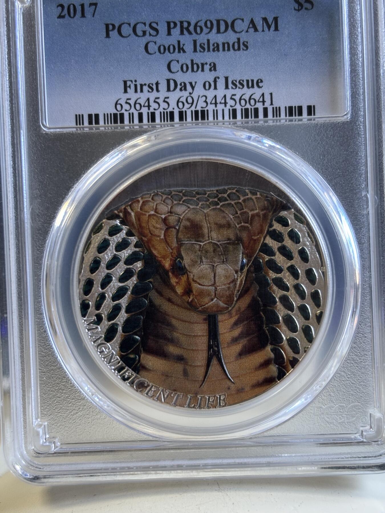 第196期拍卖 库克2017年壮丽生命系列3眼镜蛇纪念银币PCGSPF69，999银，发行999枚