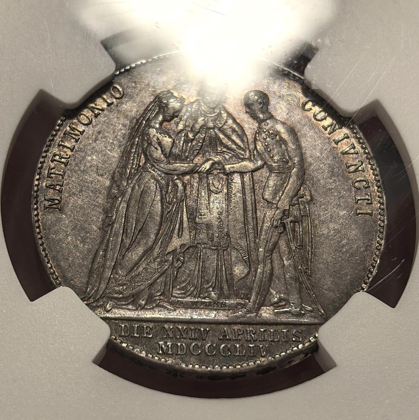 博洋堂世界钱币拍卖第167期（全场包邮） NGC AU58 奥匈帝国1854年茜茜公主大婚1盾银币，带舒服的原始淡包浆，少见品种，性价比极高的一枚，整体状态不输之前拍过的MS