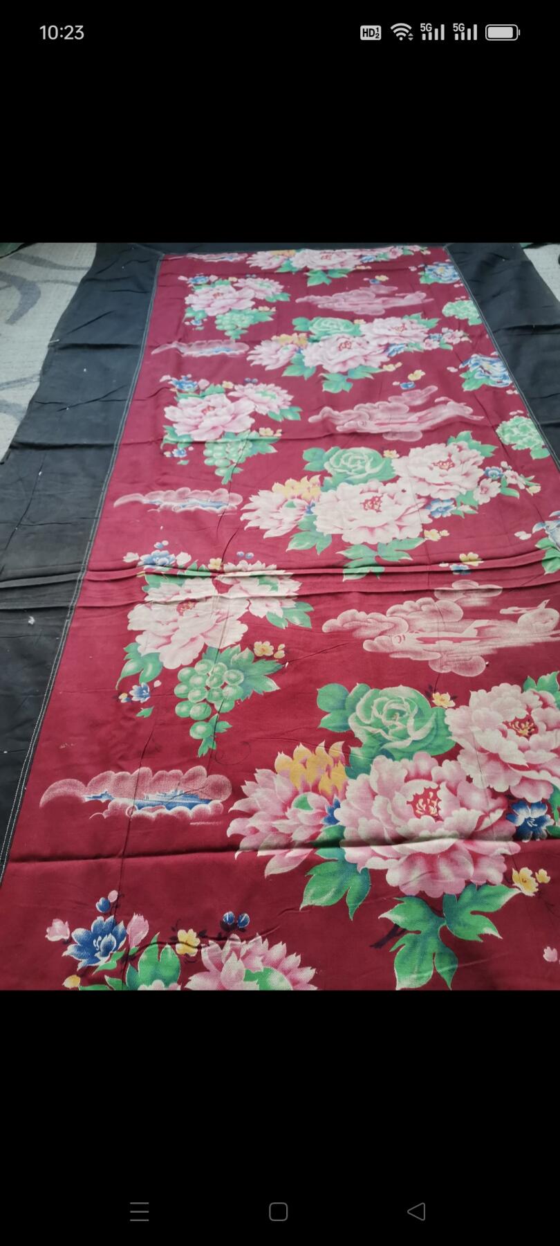 文革时期老粗布1块。飞机，轮船和花卉图案。60㎝×189㎝。如图包老