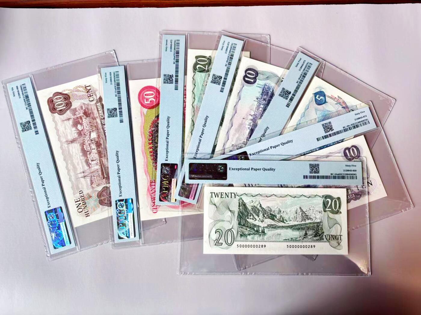 【Blue Auction】世界纸币精拍第803期——18级TOP拍卖/信誉/品质/专业/高效💫 【一组7张 首发冠289全同小号无47 非常难得】加拿大 1969-79年5-100元 PMG67EPQ-64EPQ 设计精美 值得收藏 （单张首发冠小号都不便宜 凑套更不易）