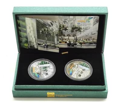 博洋堂世界钱币拍卖第167期（全场包邮） - 新加坡2008年5元彩色精制银铜币套 樟宜国际机场T3航站楼 20克925银20克铜 发行量：2008套 盒证全