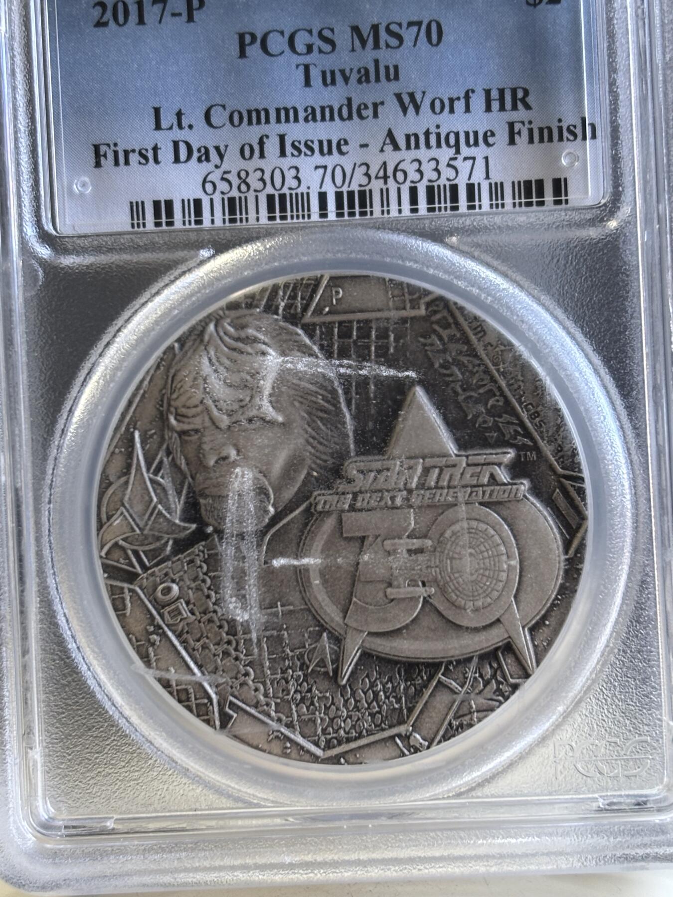 第196期拍卖 图瓦卢2017年星际迷航指挥官2盎司银币PCGS-MS70，999银，发行1701枚
