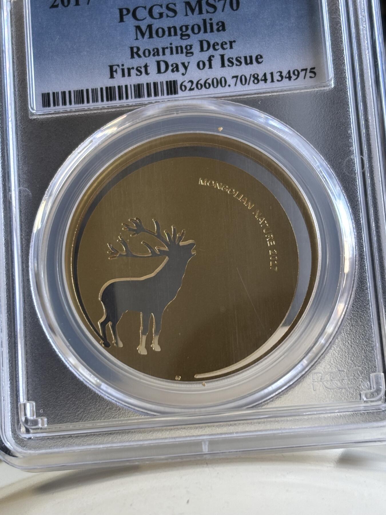 第196期拍卖 蒙古2017年自然系列鹿激光切割镂空银币PCGS-MS70，925银镀金，发行2500枚