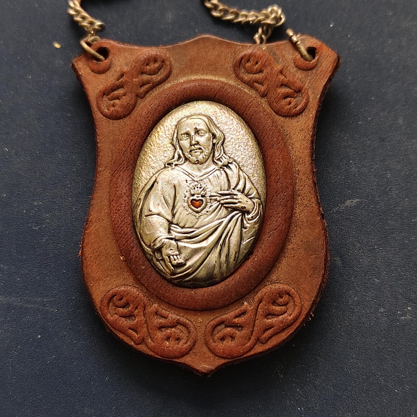 【全场包邮】纯粹捡漏拍517场 【杂件·自辨】意大利宗教挂牌-带皮套内嵌耶稣/圣母金属牌（可能是银质）-带说明