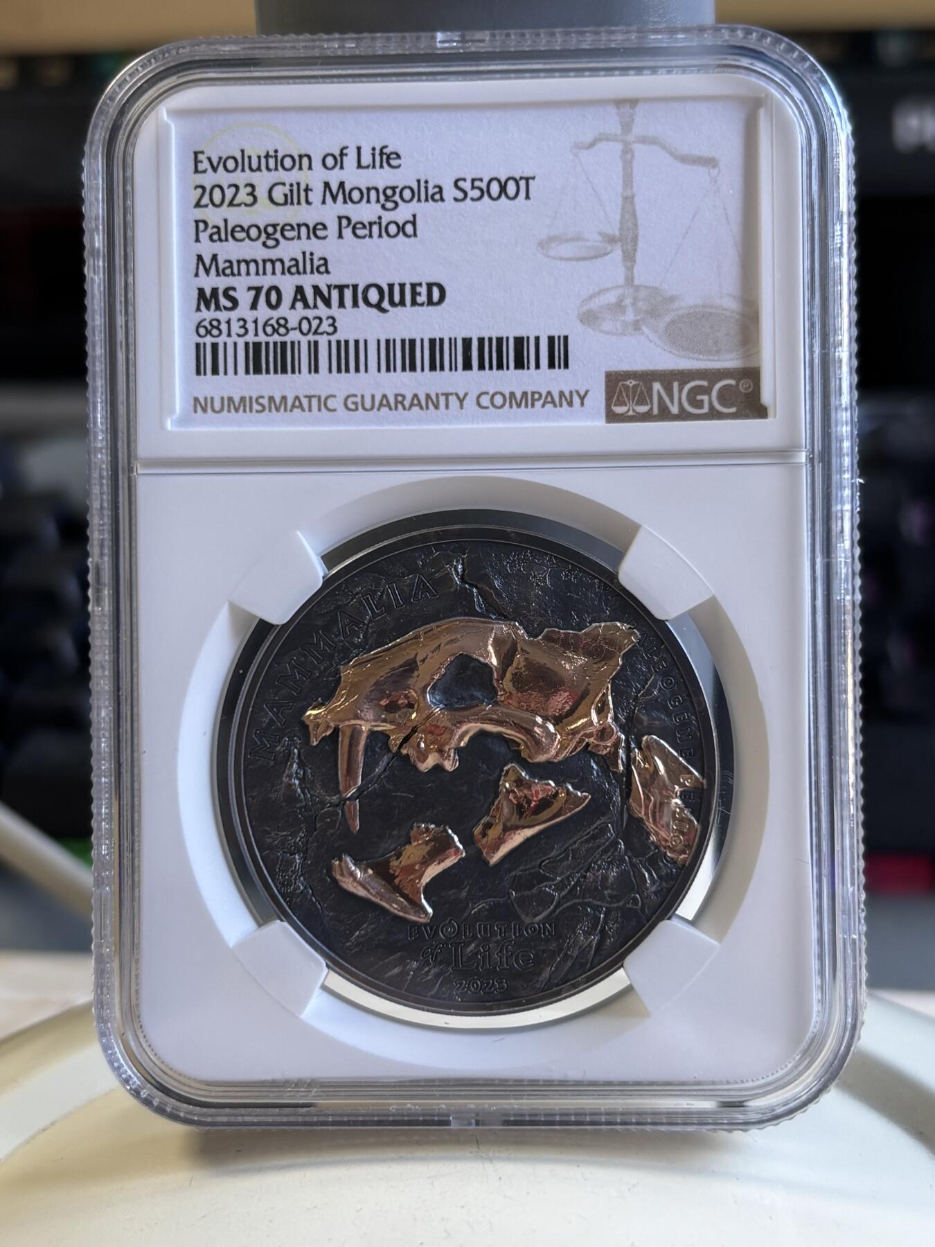 第196期拍卖 蒙古2023年进化系列9猎猫科1盎司仿古镀金纪念银币NGC-MS70,9999银，发行999枚