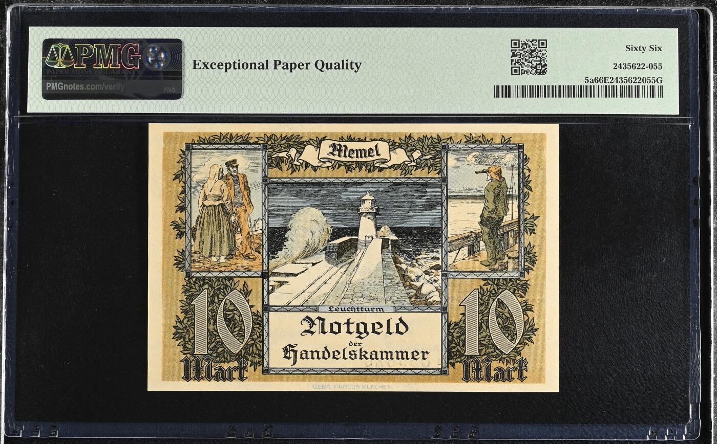《愛美收藏》第239期-4.5周日外币黄金场  法属梅梅尔1922年10马克PMG66E亚军分 少见品种难上分 历史老票全新品相难得 冠军67分仅4张 海员与灯塔 前普鲁士今立陶宛 Pick#5a