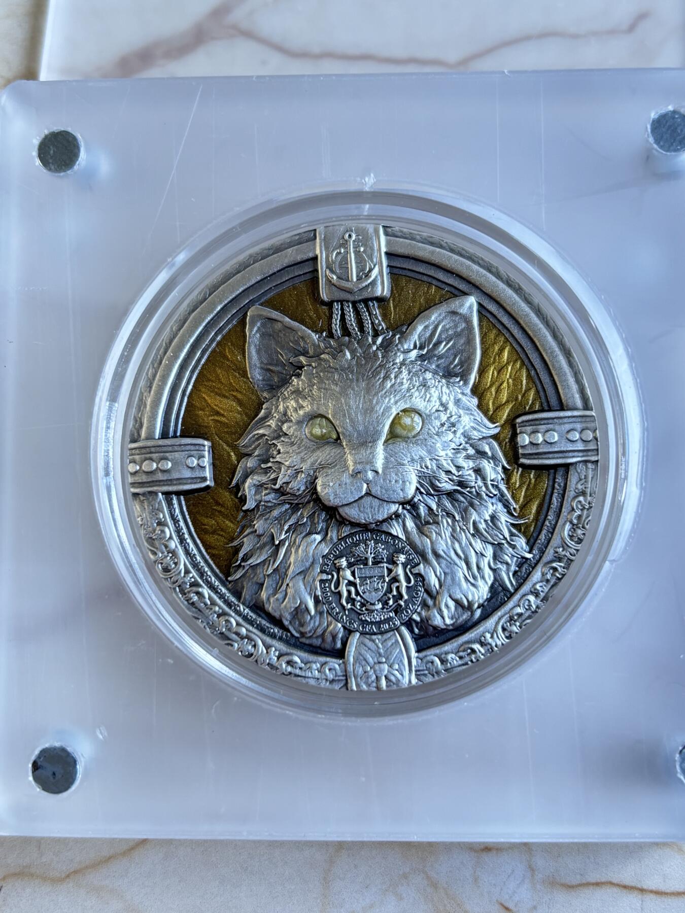 第195期拍卖 加蓬2025年海上舰猫2盎司仿古彩色夜光高浮雕银币，999银，编号108，总发行量999枚，原盒证书，发售价1788元