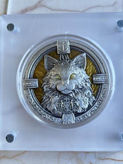 第195期拍卖 - 加蓬2025年海上舰猫2盎司仿古彩色夜光高浮雕银币，999银，编号108，总发行量999枚，原盒证书，发售价1788元