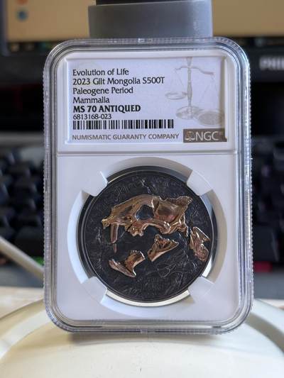 第196期拍卖 - 蒙古2023年进化系列9猎猫科1盎司仿古镀金纪念银币NGC-MS70,9999银，发行999枚