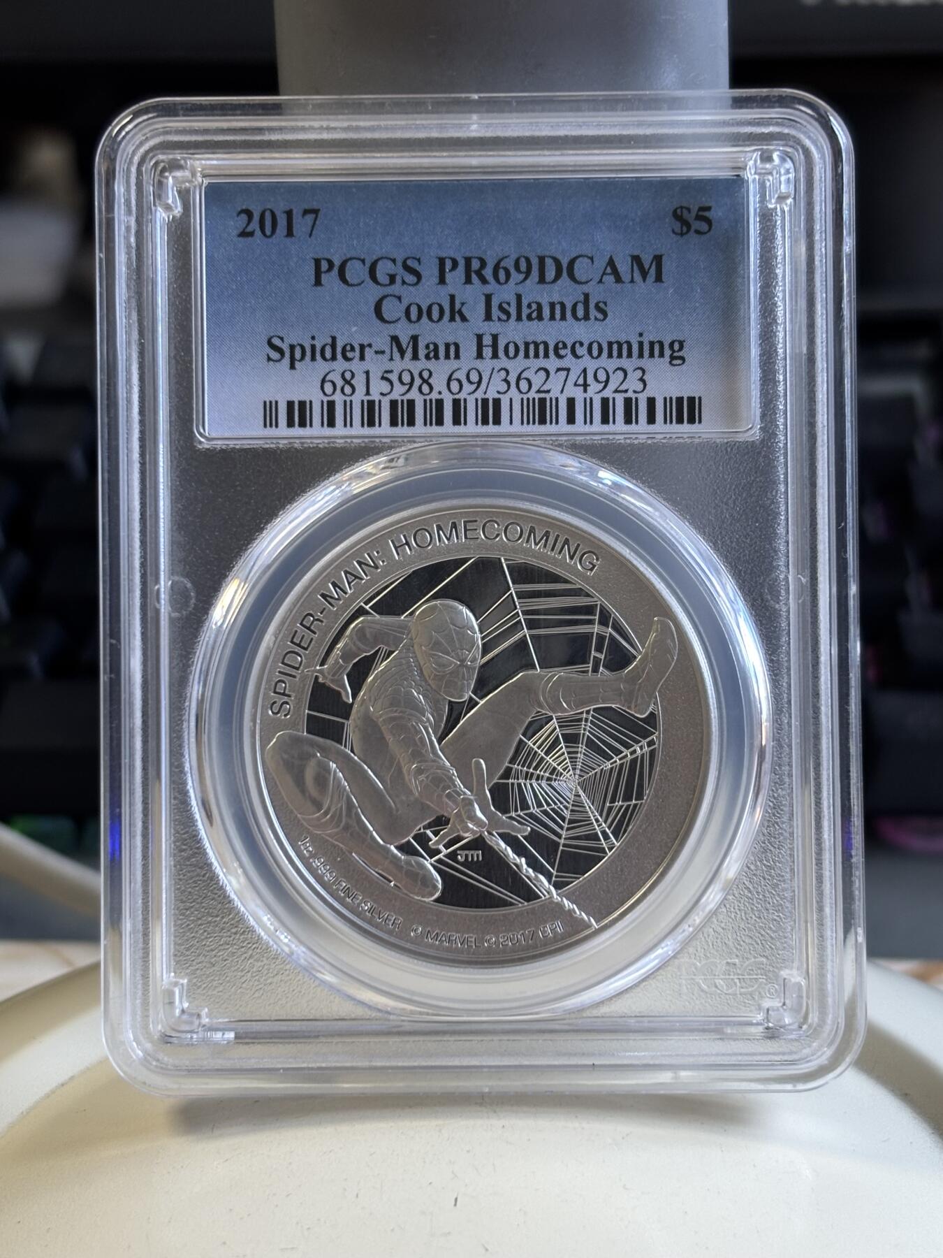 第196期拍卖 库克2017电影蜘蛛侠回归1盎司纪念银币PCGS-PR69，999银，发行5000枚