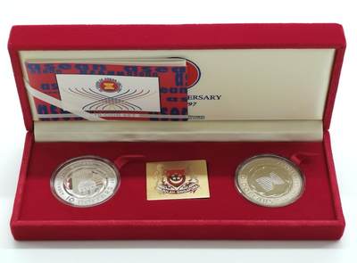 博洋堂世界钱币拍卖第167期（全场包邮） - 新加坡1997年10元精制银铜币套 东盟30周年 31.1克925银28克铜 发行量：2800套 盒证全