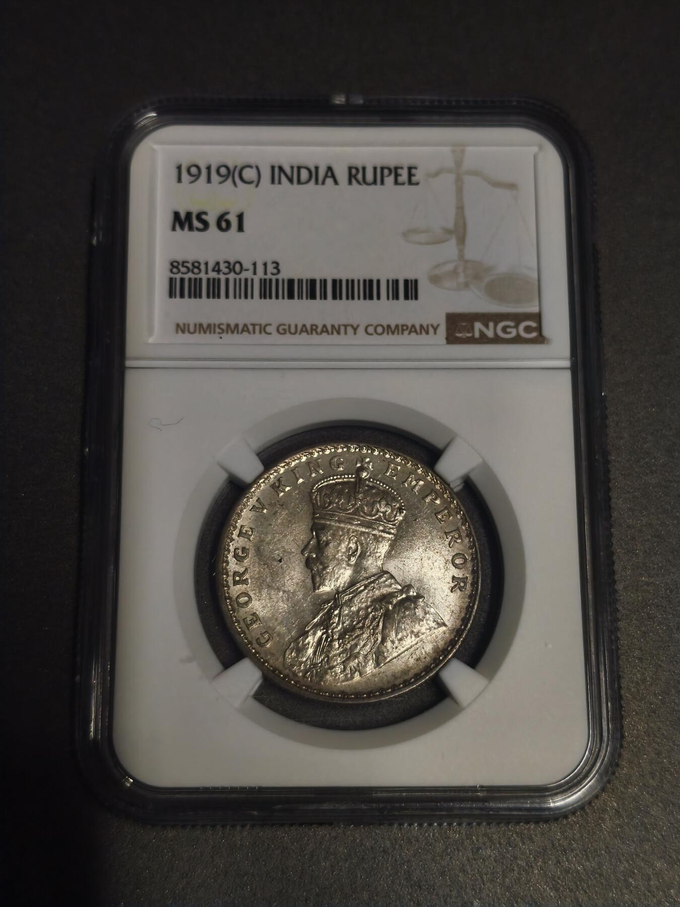 机制币银元拍场 臻品多多 NGC MS61 乔治五世印度卢比 ，少见版别和年份，黄油包浆十分美丽，出分不易