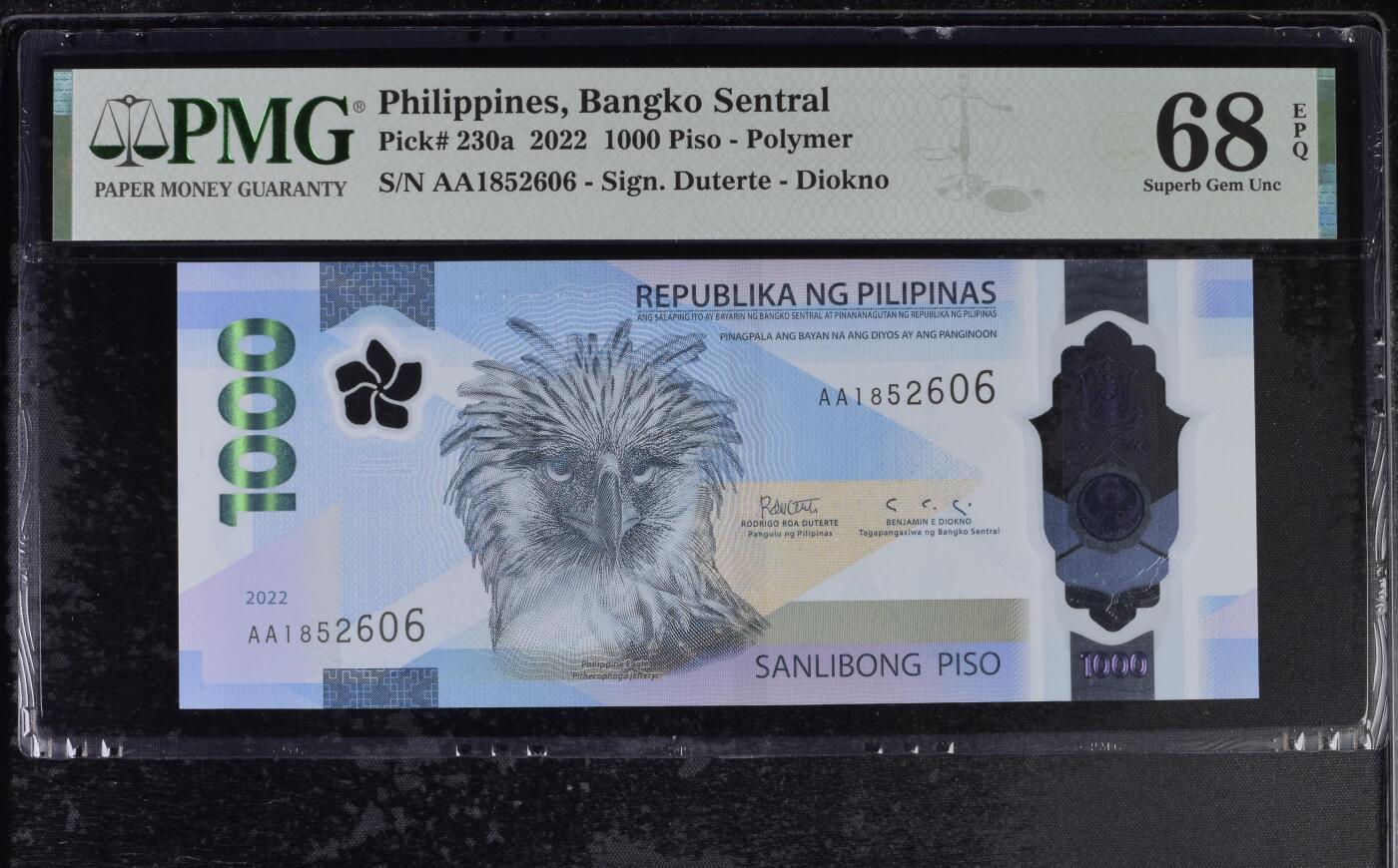 《愛美收藏》第239期-4.5周日外币黄金场  菲律宾2024年AA冠1000比索PMG68E高分无347，菲律宾鹰，IBNS最佳获奖钞 Pick#230a